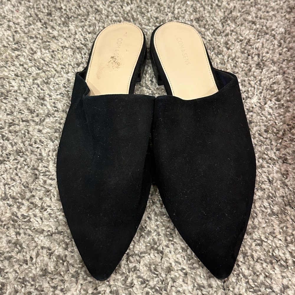 COM & Sens Genuine Suede Black Pointy Toe Flat Mules Size 10
